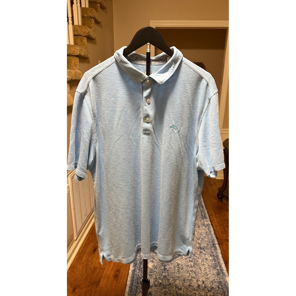 Tommy Bahama Mens XXL Light Blue Heathered Slub Knit Short Sleeve Polo Shirt